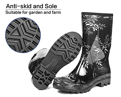 Dksuko Waterproof Womens Rain Boots Insulated,Lightweight Rubber Fashion Wellies In Gardening,Warm And Comfortable Wide Calf Rain Boots With Glossy In Outdoor(Leaves,8) #TOP3