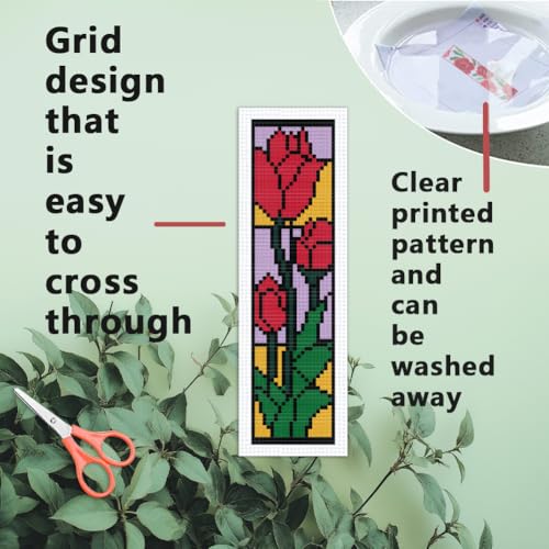 Image of INFUNLY 6 Set Rose Window Cross Stitch Bookmark Kits for Beginners DIY Red Rose Embroidery Bookmark Kits with Instructions Flower Window Pre-Printed Bookmark Kit for Book Lovers Readers Women Gifts
