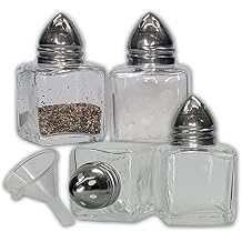 Pack of 4 Clear Glass Mini Cube Salt & Pepper Shakers with Stainless Tops and BONUS Easy Fill Funnel by NetSellsIt