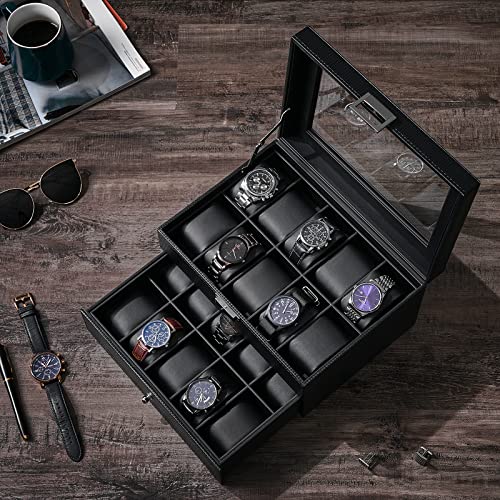 Bewishome Watch Box Organizer 20 Slots Watch Case Men Display Storage Case Metal Hinge Carbon Fiber Design Glass Top Large Holder Black Ssh04C #TOP1