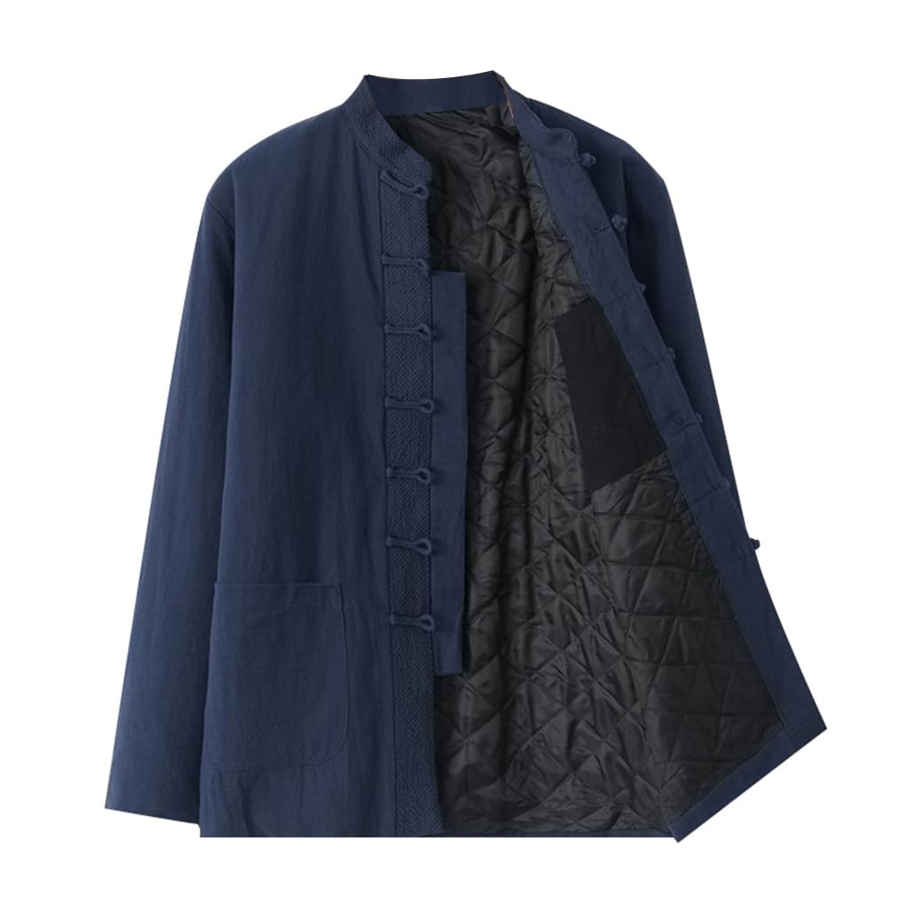 Zhouxiao Men's Blue Winter Cotton Linen Tang Suit Thick Warm Tai Chi Uniform Long Sleeve Chinese Traditional Clothes Tops,Hanfu Jacket Kung Fu Clothing Shirt Coat Martial Arts Suit -L