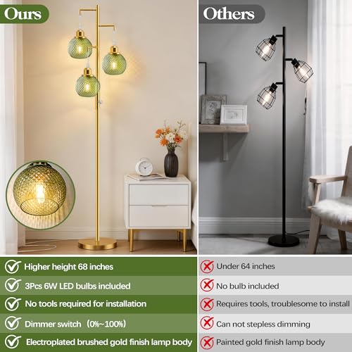 Image of Modern Glass Floor Lamps for Living Room, 3 Lights Standing Lamp, Green