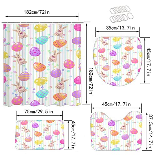 Chfukew 4 Piece Easter Bunny Eggs Shower Curtain Set Color Stripe Easter Decorations Waterproof Non Slip Non Slip Easter Stuff Bathroom Set With Shower Curtain And Rugs And Accessories #TOP5