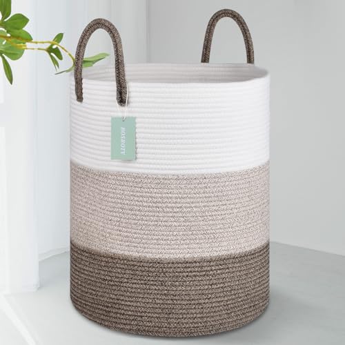 Image of Large Cotton Rope Laundry Hamper 65L, White & Gradient Brown | 16 inchx 20 inch, Tall Woven Storage Basket for Nursery, Bedroom & Living Room; Stores Clothes, Blankets, Pillows, Toys & Towels
