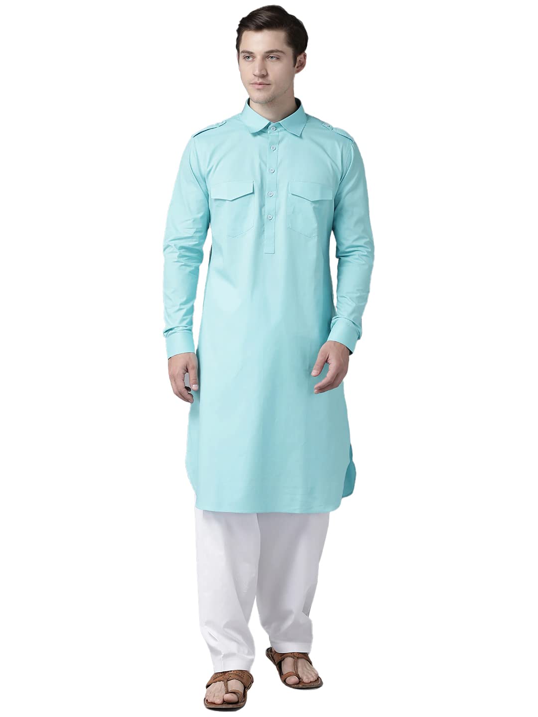 See Designs Men's Solid Cotton Curved Hemline With Shirt Collar Sea Green Full Sleeve Pathani Kurta With Salwar - Sdkt607Xs