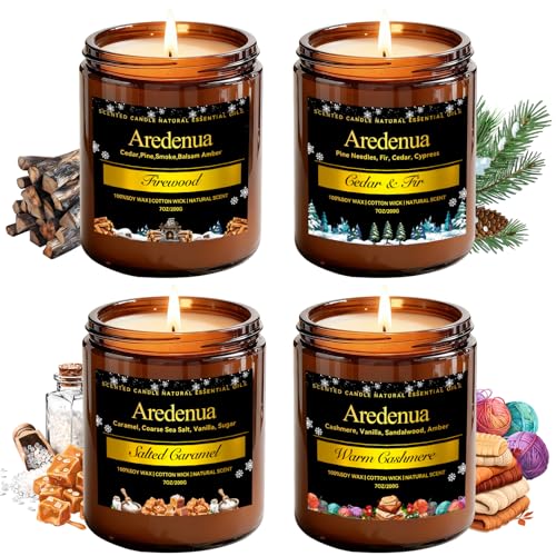 Winter Candles Set | 4 Pack Holiday Scented Candles - Cozy Winter Soy Candle Scents of Firewood, Cedar & Fir, Salted Caramel, Warm Cashmere - Christma