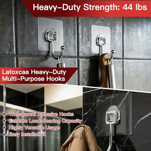Image of Latoxcaa Large Adhesive Hooks 30-Pack, Heavy Duty 44lb(Max) Wall Hooks for Bathroom, Outdoor, Strong Self-Adhesive Towel & Coat Hooks, Waterproof Transparent Utility Hooks for Home Improvement