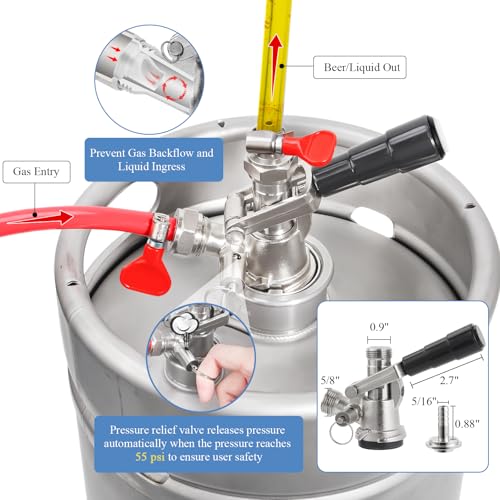 Image of Keg Coupler for Sankey D System, Beer Keg Tap Kegerator Tap Coupler D Type | Fit ID1 /4 inch,3 /16 inch Beer Line& 5 /16'' Gas Line 304 Stainless Steel Probe D Beer Keg Coupler Keg Tap Kit with Check Valve Washer