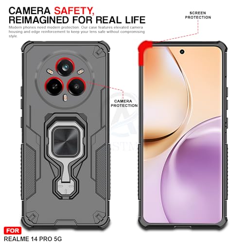 Image of AESTMO Armor Back Cover for Realme 14 Pro 5G | Ring Holder & Kickstand & Camera Protection in-Built | 360 Degree Protection Back Case Cover (Black)