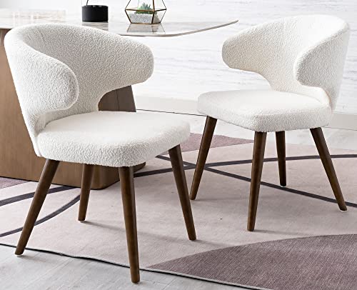 Vescasa Sherpa Modern Dining Chairs With Wood Legs, Upholstered Curved Back Side Chairs For Dining Room/Living Room, Set Of 2, White #TOP2