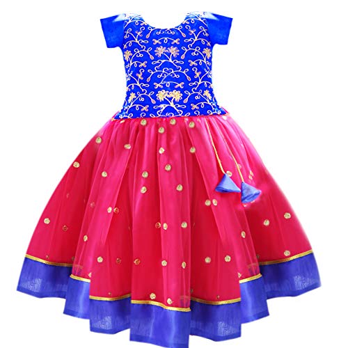 Image of Stanwells Kids Girls Yellow & Pink Combo Lehenga Choli Set | Flared Readymade Dress with Sequins Embroidery | Traditional South Indian Outfit