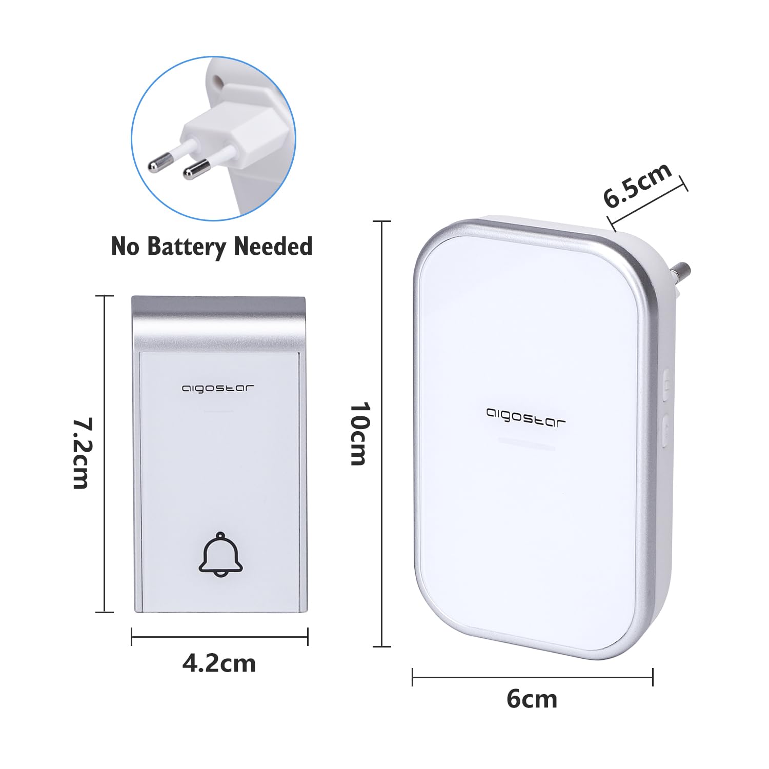 Aigostar Ring AC - Timbre inalámbrico, Timbre de Puerta con Indicadores LED, Resistente al Agua, 36 Melodías, 3 Niveles de Volumen, Timbre para Ancianos, Casa, Oficina (2 Receptor y 1 Transmisor)
