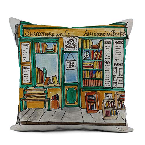 Topyee Throw Pillow Cover 18x18 Inch Watercolor Architecture Shakespeare Co Bookstore Paris Book Drawing France Home Decor Pillowcases Square Pillow Cases Cushion Covers for Sofa Couch Bed