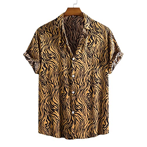 Chemise hawaïenne en coton marron imprimé zèbre à manches courtes pour hommes