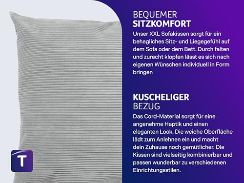Traumnacht XXL Sofakissen 90x90 cm mit Cord Bezug + 2X Dekokissen 45x45 cm geschenkt, Öko-Tex Zertifiziert, produziert nach deutschem Qualitätsstandard