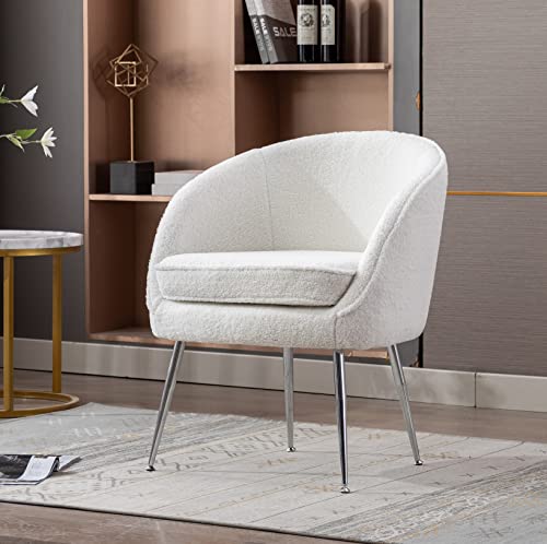 Yoluckea Modern Accent Chair Soft Faux Fur Armchair With Silver Legs, Comfortable Club Chair Reading Chair Bedroom Chair Teddy Fabric Upholstered Living Room Arm Chairs, Silver Legs, Ivory White #TOP17