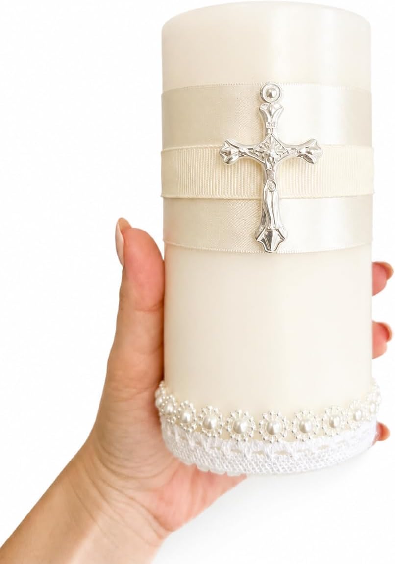 WHITEROOM Baptism Candle for Boys or Girls, Communion Pillar Candle with Pearalr Cross, Elegant Christening Decor, Religious Ceremony Gift, Handmade Ivory Candle