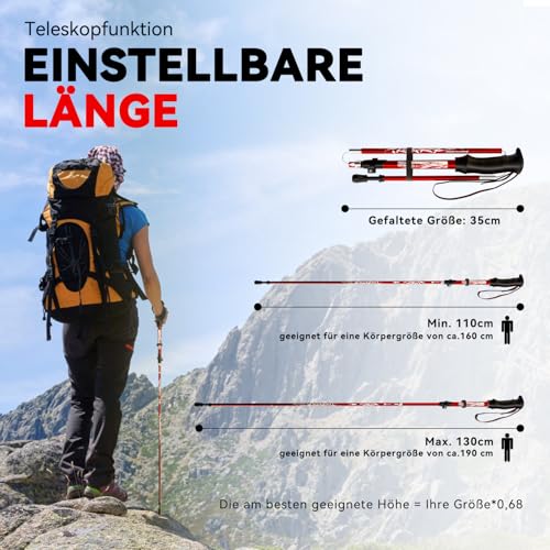 DOBESTS Wanderstöcke, Nordic Walking Stöcke Aluminium, mit extra Gummipuffer und Tragebeutel, Faltbare Leichte Trekkingstöcke für Damen und Herren, Wanderstock Verstellbar 110cm-130cm (Rot Premium)