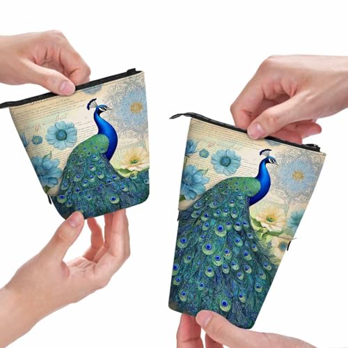 Image of Swono Peacock Pencil Pouch Elegant Big Bird Floral Stand Up Pencil Case Organizer Pencil Holder Makeup Bag Gift Colorful