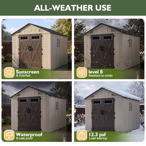 Image of Aoxun 8x10 Ft Outdoor Storage Shed with Floor, Large Resin Outdoor Shed with Lockable Door & Windows, Garden HDPE Sheds for Lawn Tools, Pool Supplies & Bikes