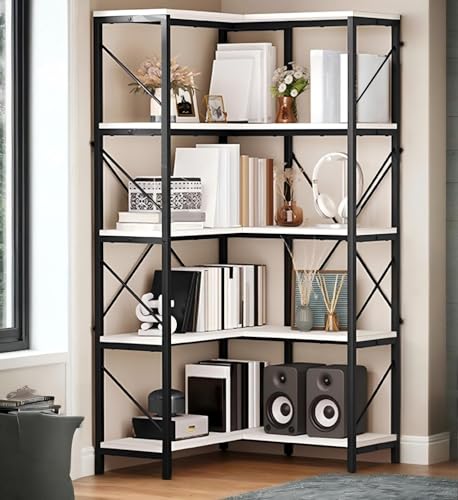 DWVO Corner Bookshelf, 5-Tier L-Shaped Bookshelf Storage Organizer, Tall Corner Bookcase Open Display Freestanding Storage Rack for Living Room, Home Office, White