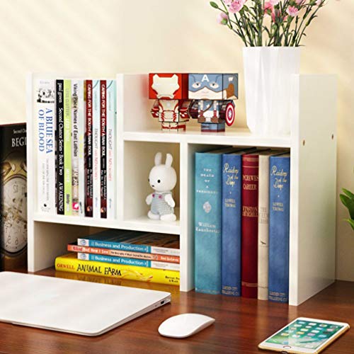 Office Desktop Bookshelf Adjustable Wood Display Shelf Desktop Organizer Office Storage Rack Countertop Bookcase Office Supplies Desk Organizer Accessories (White)