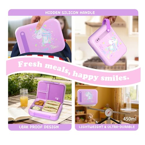 Image of Kids Bento Lunch Box for Boys & Girls - 4-Compartment Leak-Proof Lunch Container with Hidden Silicone Handle, Lightweight, BPA-Free, 855ml for School & Travel (Unicorn)