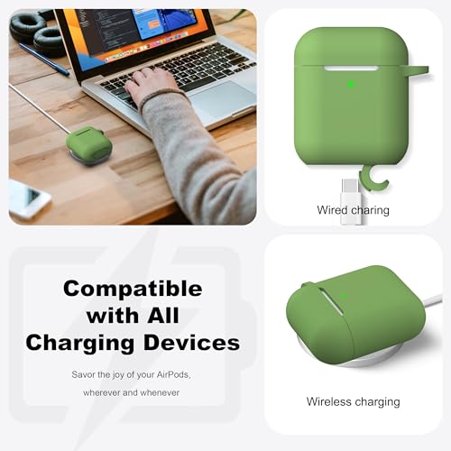 Image of AirPods Case Cover with Keychain, Full Protective Silicone AirPods Accessories Skin Cover for Women Girl with Apple AirPods Wireless Charging Case,Front LED Visible-Olive Green