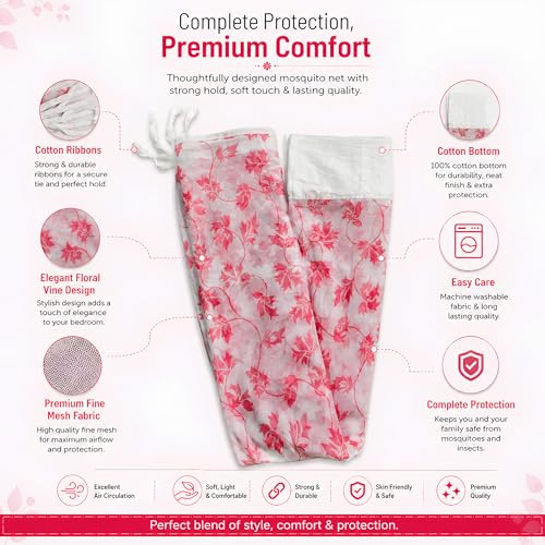Image of Mosquito Net for King Size Bed & Double Bed, 6x7 Ft, Wall Hanging Machhardani, No Frame Required, Floral Vine Pattern, Premium Poly-Cotton Fabric, Breathable Mesh Ideal for AC Rooms (Rose Vine Pink)