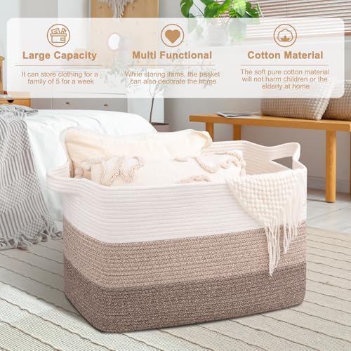 Image of OIAHOMY Extra Large Blanket Basket, 110L Cotton Rope Woven Laundry Basket, Toy Bin for Baby Room, Container for Blanket Storage in Living Room, 24.8''x17.3''x15.8'', Gradient Brown