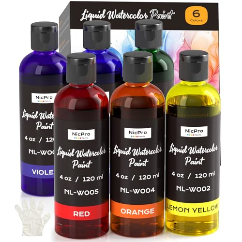 Nicpro 6 Colors Liquid Watercolor Paint Set 4oz Liquid Watercolor Paint Vibrant Colors & Non-Toxic Water Colors Painting Supplies for Art Activity Craft DIY Poster School Home Classroom Party