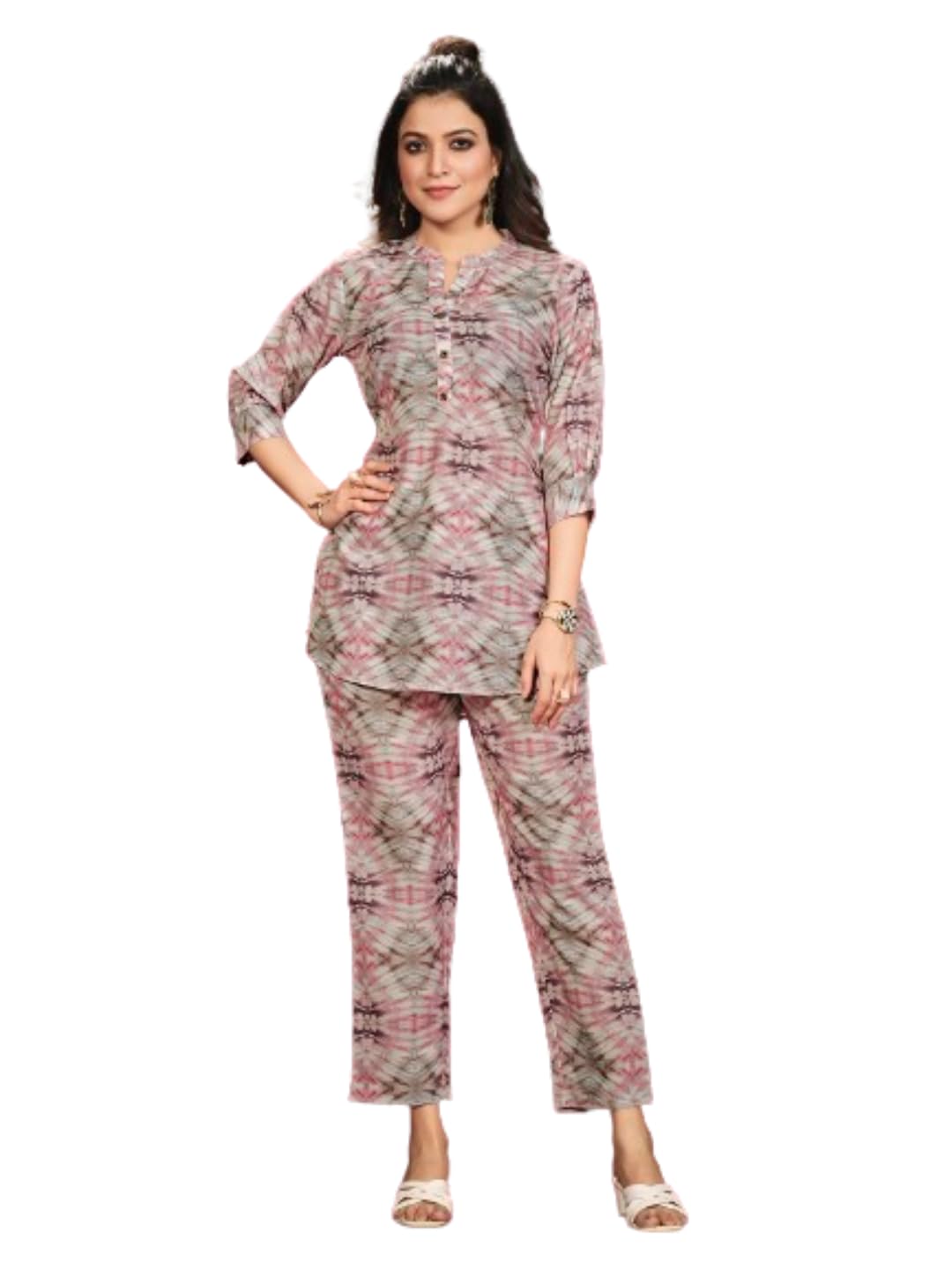 Nainvish Women's Polyester Printed Straight V-Neck Co-Ord Top & Pant Set (Sd596_Kb-Xxl_Grey Pink)