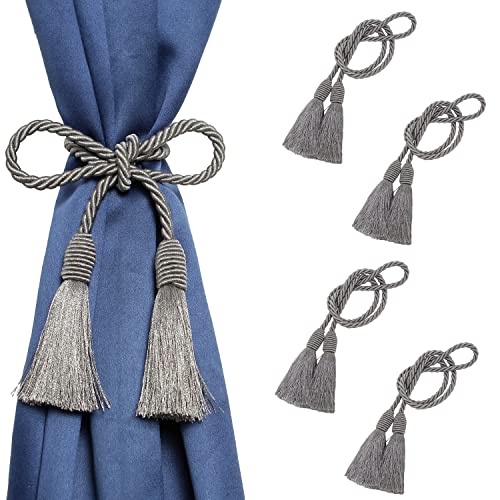 Image of 4 Pack Curtain Tiebacks Handmade Decorative Curtain Holdbacks Rope with Tassel - Gray