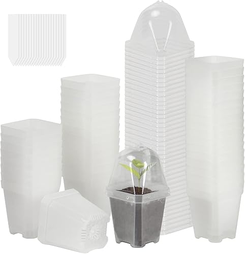 UNAOIWN Macetas de 3 pulgadas con cúpula de humedad paquete de 40 macetas de jardinería de plástico transparente maceta de inicio de semillas