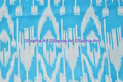 Image of Indian Hand-Block Printed Jaipuri Print Tropical Paisley Floral Ethnic Sanganer Kurti Print Cotton Fabric (Turquoise Ikat Plan, 3 Yards)