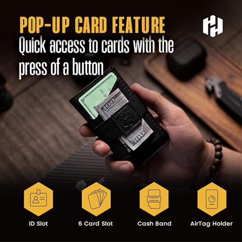 Hayvenhurst Slim Minimalist Pop Up Leather Wallet with Cash Strap - RFID Blocking Airtag Wallet For Men Credit Card Holder Capsule Wallets for Men (Black)3