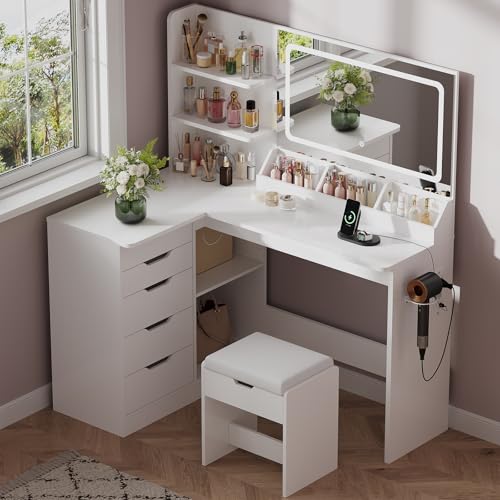 JUMMICO Coiffeuse avec Miroir et éclairage LED, Coiffeuse d’Angle en L avec Tabouret, Miroir LED 3 Couleurs, Table de Maquillage 120 cm avec 5 tiroirs et...