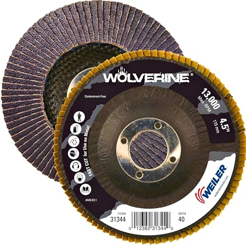 Image of Weiler 31344 Wolverine 4-1 /2 inch x 7 /8 inch Arbor Hole Abrasive Flap Disc, 40 Grit Zirconia Alumina, Bevel Type 29, Phenolic Backing, Standard Density