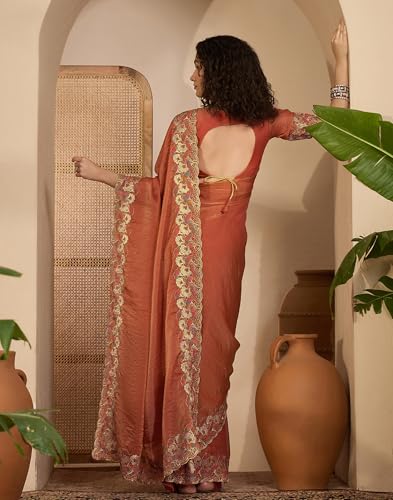 Image of SIRIL Women's Shimmer Georgette Scalloped Border Sequins Embroidery Saree with Unstitched Blouse Piece