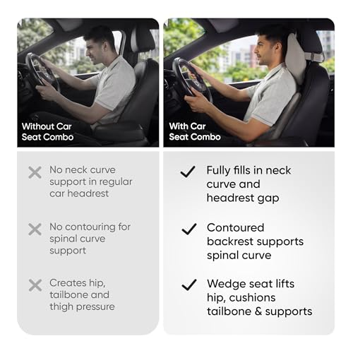 Image of Frido Premium Car Comfort Bundle with Memory Foam Neck Rest, Lumbar Backrest and Wedge Seat Cushion Set of 3, Ergonomic Neck Back and Tailbone Support for Long Drives and Daily Commutes | Ivory