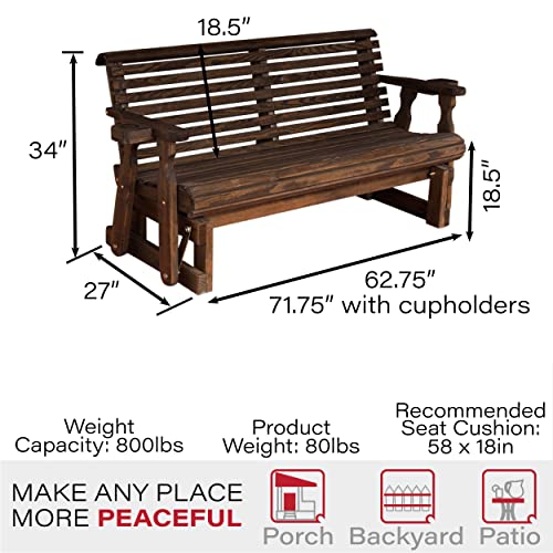 Image of Amish Casual Heavy Duty 800 Lb Roll Back Pressure Treated Porch Glider with Cupholders (5 Foot, Dark Walnut Stain)