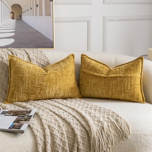 Image of MADIZZ Pack of 2 Chenille Throw Pillow Covers 12x20 Inch Yellow Soft Neutral Decorative Throw Pillows for Couch Sofa Boho Accent Cushion Covers Modern Farmhouse Home Decor for Bedroom Living Room