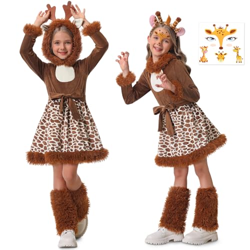 BuzzoXerex Reh Kostüm Kinder Mädchen Karneval Kostüm Kinder Tier Set mit Haarreif Gesicht Aufkleber Tierkostüm Reh Kleid für Faschingskostüme Kinder Karneval Party (XL)