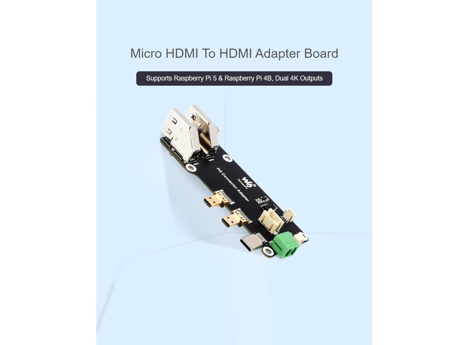 Waveshare Adattatore Micro HDMI A HDMI Femmina – Supporta Doppia Uscita 4K Per Raspberry Pi 5/4B, Alimentazione Via USB-C O Morsetto