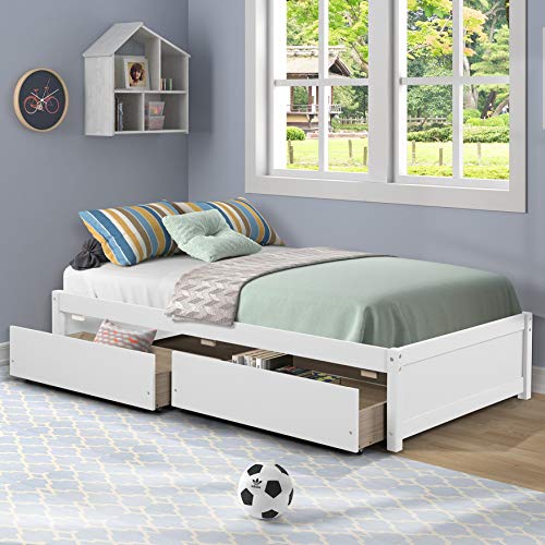 Twin Platform Bed Frame with 2 Storage Drawers, Solid Pine Wood Bed Frame, No Box Spring Need, Easy Assembly (Pure White)