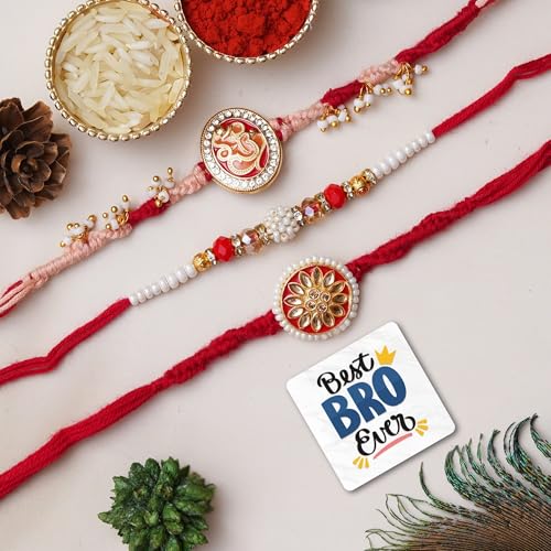 Image of eCraftIndia Set of 3 Multicolor Floral, Pearl, Ganesha Rakhis, Best Bro Ever Fridge Magnet with Roli Chawal Pack - Rakhis for Brother, Bhabhi, Kids