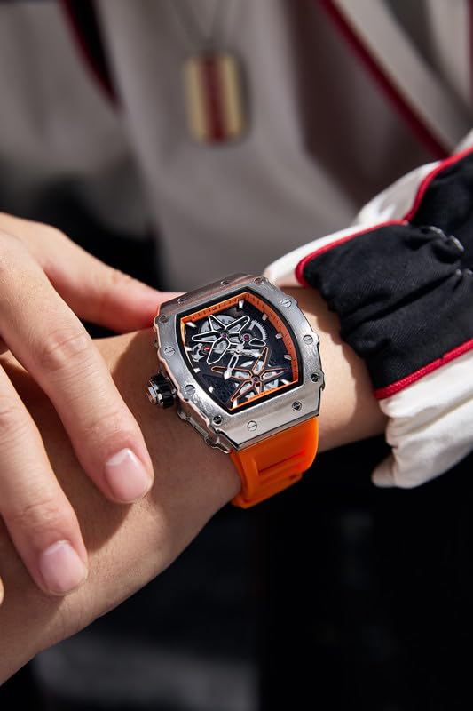 Image of Giordano Analog Skeleton Dial Watch for Men - Tonneau Case, Silicone Strap, Open-Gear Sport Design, Quartz Movement