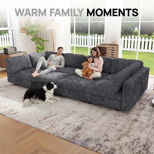 Image of 128 inch Modular Sectional Chenille Sofa bed with Hidden Storage, Comfy Modern 8 Seater Oversized Deep Seat Couch, Modular Sectional with Ottoman and Removable Cover for Living Room, Apartment, Gray