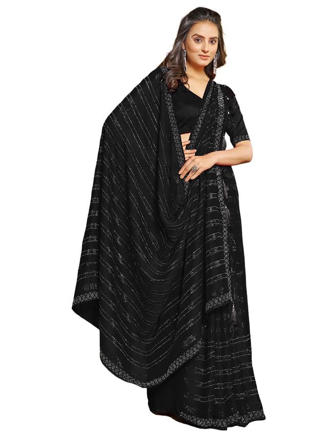 Satrani Women's Chiffon Dyed & Hot Fixing & Zari Saree with Unstitched Blouse Piece