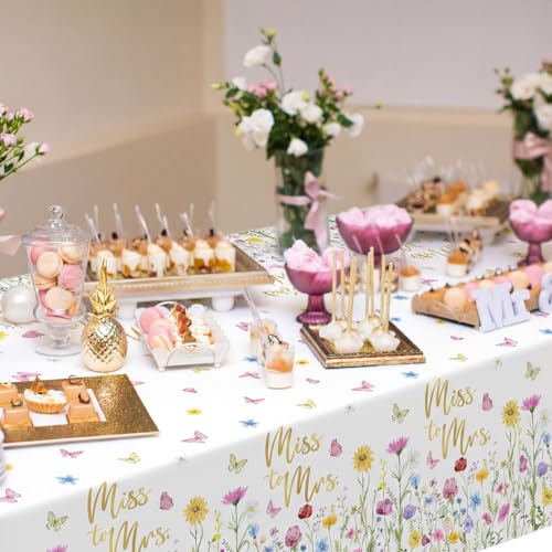 Image of Ganeen 3 Pcs Miss to Mrs Tablecloths Disposable Plastic Bridal Shower Table Cloths Gold Floral Rectangle Table Cover Waterproof for Wedding Bridal Shower Engagement Party Decorations, 54 x 108 Inch